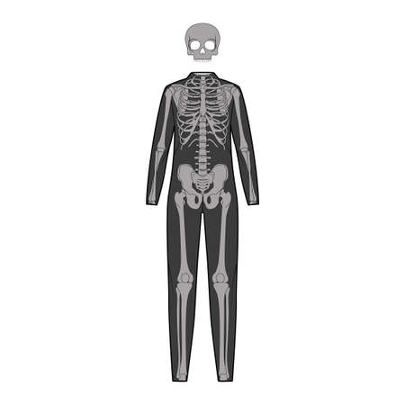 Skeleton costume with scull Human bones front view men, women for Halloween, festivals for printing on clothes for Day of the dead flat black color concept Vector illustration of anatomy isolatedのイラスト素材