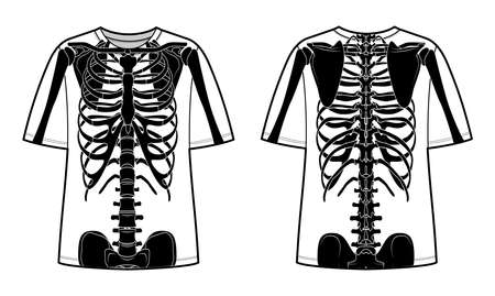 Skeleton costume Human bones on t-shirts front back view men women, children for Halloween, festivals for Day of the dead flat black color concept Vector illustration of anatomy isolatedのイラスト素材