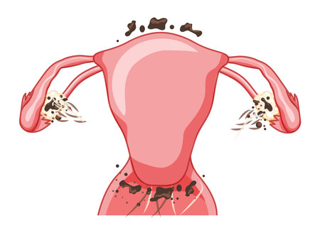 Endometriosis 3 stage Female reproductive system Front view. Human anatomy internal organs scheme, cervix, ovary, fallopian tube flat style icon. Vector illustration Realistic color concept isolatedのイラスト素材