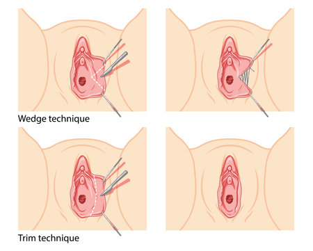 Labiaplasty Female reproductive system process and ready uterus. Vaginoplasty Front view. Human Surface anatomy of the perineum external organs location scheme, vagina pain vulva flat style iconのイラスト素材