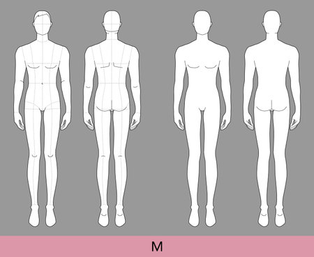 Set of M Size Men Fashion template 9 nine head size medium Croquis with and without main lines Gentlemen model skinny body figure front back view. Vector isolated sketch outline boy for Fashion Designのイラスト素材