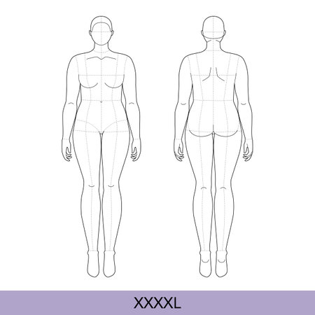 Set of XXXXL Women Fashion template 9 nine head size Croquis plus size with main lines Lady model Curvy body figure front back view. Vector outline girl for Design, Illustration, technical drawingのイラスト素材