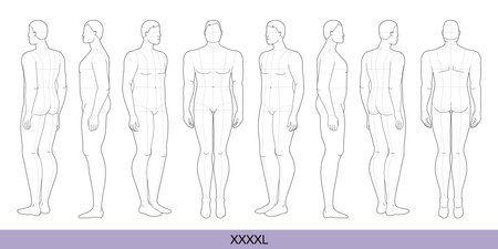 Set of XXXXL Men Fashion template extra large 9 head size Croquis over plus size model Curvy body figure front, side, 3-4, back view. Vector boy for Fashion Design, Illustration, technical drawingのイラスト素材