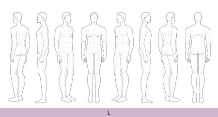 Set of L Size Men Fashion template large 9 head size with main lines Croquis Gentlemen model figure front, side, 3-4, back view. Vector isolated sketch outline boy for Fashion Design, Illustrationのイラスト素材