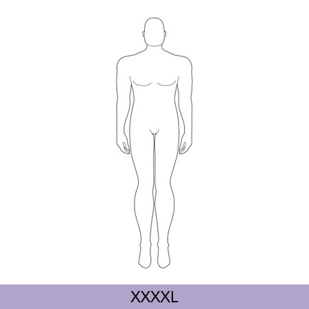 Set of XXXXL Men Fashion template extra large 9 head size Croquis over plus size Gentlemen model Curvy body figure front view. Vector outline boy for Fashion Design, Illustration, technical drawingのイラスト素材