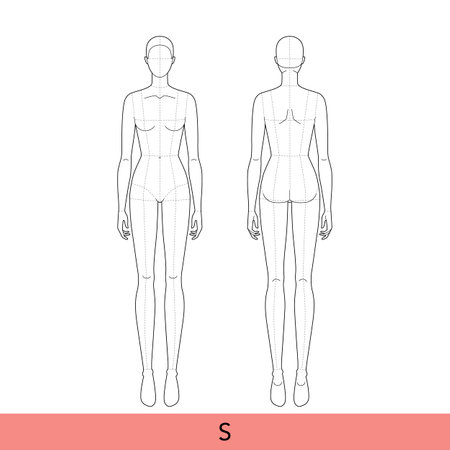 S Size Women Fashion template 9 nine head Croquis Lady model skinny body with main lines figure front, side, 3-4, back view. Vector isolated sketch outline girl for Fashion Design, Illustrationのイラスト素材