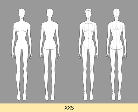 Set of XXS size Women Fashion template 9 head size Croquis Lady model skinny body figure front, back view. Vector isolated sketch outline boy girl for Fashion Design, Illustration, technical drawingのイラスト素材