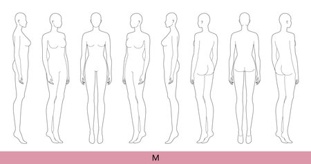 Set of M Size Women Fashion template 9 nine head Croquis Lady model skinny body figure front, side, 3-4, back view. Vector isolated outline sketch girl for Fashion Design, Illustration, technical drawingのイラスト素材