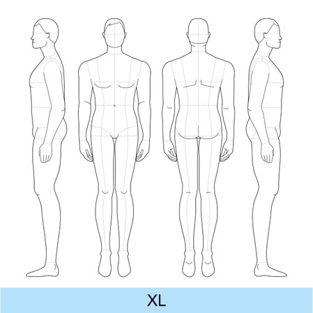 Set of XL Size Men Fashion template extra large 9 head with main line plus size Gentlemen model Curvy body figure front, side, back view. Vector boy for Fashion Design, Illustration, technical drawingのイラスト素材