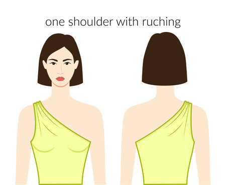 One shoulder with ruching neckline clothes character beautiful lady in yellow top, shirt, dress technical fashion illustration with fitted body. Flat apparel template. Women, men unisex CAD mockupのイラスト素材