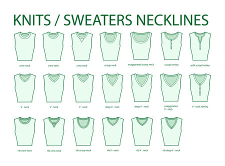 Set of necklines knits and sweaters clothes - collars, tops, blouses, dresses crew, scoop neck technical fashion illustration with fitted body. Flat apparel template. Women, men unisex CAD mockupのイラスト素材