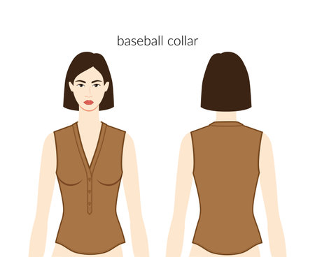 Baseball collar neckline henley plackets clothes character in brown top, shirt, dress technical fashion illustration with fitted body. Flat apparel template front, back sides. Women, men CAD mockupのイラスト素材