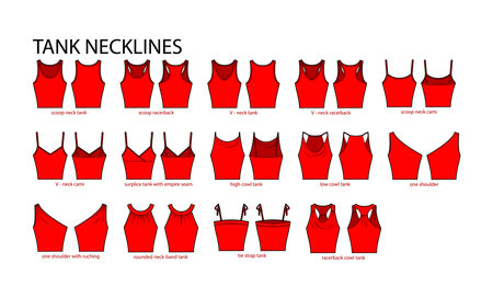 Set of necklines tank clothes - tops, cami, one shoulder, scoop, racerback, V-neck, cowl technical fashion illustration. Flat apparel template front, back sides. Women, men unisex CAD mockupのイラスト素材