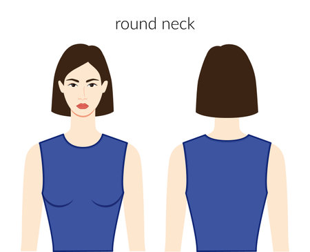 Round neckline clothes character beautiful lady in blue top, shirt, dress technical fashion illustration with fitted body. Flat apparel template front and back sides. Women, men unisex CAD mockupのイラスト素材