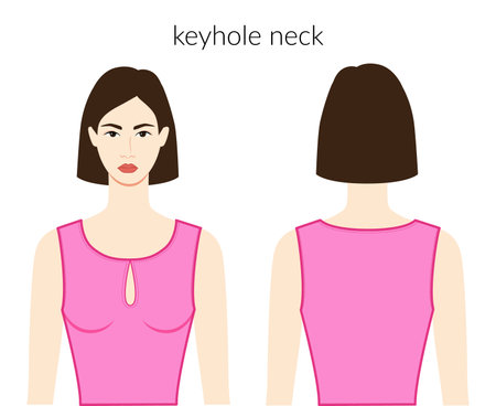 Keyhole neckline clothes character beautiful lady in pink top, shirt, dress technical fashion illustration with fitted body. Flat apparel template front, back sides. Women, men unisex CAD mockupのイラスト素材