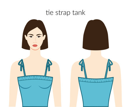 Tie strap neckline tank clothes character beautiful lady in blue top, shirt, dress technical fashion illustration with fitted body. Flat apparel template front, back side. Women, men unisex CAD mockupのイラスト素材