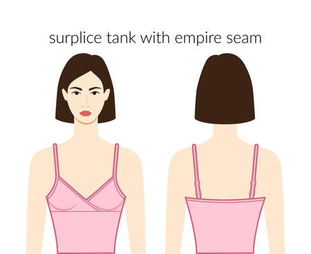 Surplice tank with empire seam neckline clothes character beautiful lady in pink top, shirt, dress technical fashion illustration. Flat apparel template front, back sides. Women, men unisex CAD mockupのイラスト素材