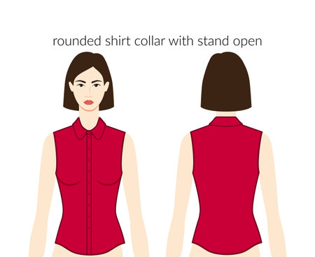 Rounded shirt collar with stand open neckline, plackets clothes character beautiful lady in red top, dress technical fashion illustration. Flat apparel template front, back sides. Women men unisex CADのイラスト素材