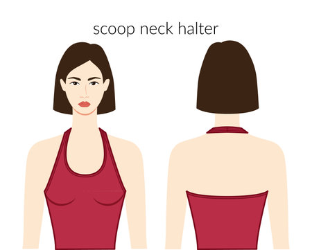 Scoop neck neckline halter clothes character beautiful lady in burgundy top, shirt, dress technical fashion illustration fitted. Flat apparel template front, back sides. Women, men unisex CAD mockupのイラスト素材