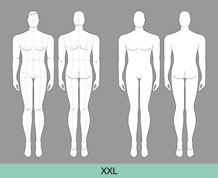 Set of XXL Size Men Fashion template 9 nine head size with and without main line Croquis extra large plus size Gentlemen model Curvy body figure front, side, 3-4, back view. Vector outline boyのイラスト素材