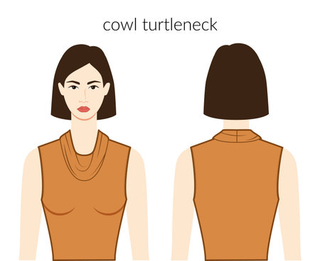 Cowl turtleneck neckline clothes character beautiful lady in ochre top, shirt, dress technical fashion illustration fitted body. Flat apparel template front, back sides. Women, men unisex CAD mockupのイラスト素材