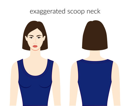 Exaggerated scoop neckline knits, sweaters clothes character beautiful lady in blue top, shirt, dress technical fashion illustration. Flat apparel template front, back sides. Women, men unisex mockupのイラスト素材