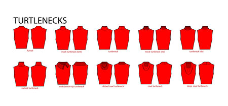 Set of necklines turtlenecks clothes sweaters, tops ribbed, knit, funnel neck technical fashion illustration with fitted body. Flat apparel template front, back sides. Women, men unisex CAD mockupのイラスト素材