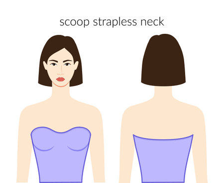 Scoop strapless neckline clothes character beautiful lady in lavanda top, shirt, dress technical fashion illustration fitted body. Flat apparel template front, back sides. Women, men unisex CAD mockupのイラスト素材