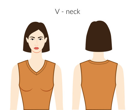 V - neckline clothes knits, sweaters character lady in ochre top, shirt, dress technical fashion illustration with fitted body. Flat apparel template front, back sides. Women, men unisex CAD mockupのイラスト素材
