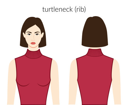 Rib neckline turtleneck clothes knits, sweaters character in burgundy top, shirt, dress technical fashion illustration fitted body. Flat apparel template front, back sides. Women men unisex CAD mockupのイラスト素材
