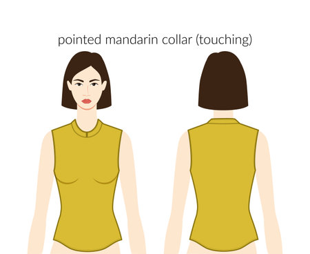 Pointed mandarin collar touching neckline clothes character beautiful lady top, shirt, dress technical fashion illustration. Flat apparel template front, back sides. Women, men unisex CAD mockupのイラスト素材