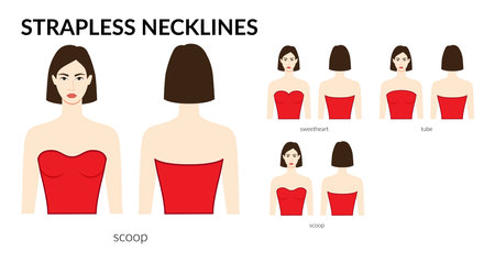 Set of necklines strapless clothes - sweetheart, scoop, tube top, dress, shirt technical fashion illustration with fitted body. Flat apparel template front sides. Women, men unisex CAD mockupのイラスト素材