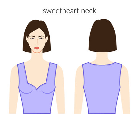 Sweetheart neckline clothes character beautiful lady in lavanda top, shirt, dress technical fashion illustration with fitted body. Flat apparel template front, back sides. Women, men unisex CAD mockupのイラスト素材