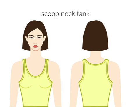 Scoop neckline tank clothes character beautiful lady in yellow top, shirt, dress technical fashion illustration with fitted body. Flat apparel template front, back sides. Women, men unisex CAD mockupのイラスト素材