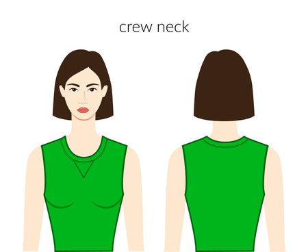 Crew neckline clothes knits, sweaters character beautiful lady in green top, shirt, dress technical fashion illustration with fitted body. Flat apparel template front, back sides. Women men unisex CADのイラスト素材