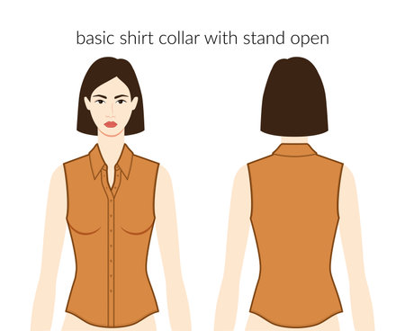 Basic shirt collar with stand open neckline, placket clothes character lady in ochre top, dress technical fashion illustration. Flat apparel template front, back sides. Women, men unisex CAD mockupのイラスト素材