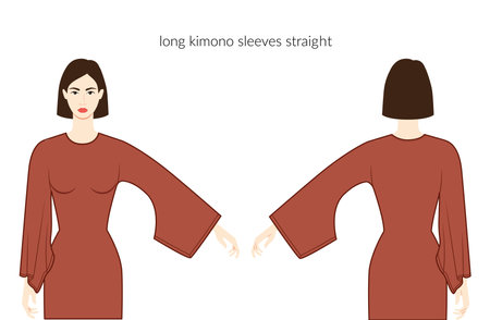 Kimono sleeves long length clothes character beautiful lady in brown top, shirt, dress technical fashion illustration, fitted. Flat apparel template front, back sides. Women, men unisex CAD mockupのイラスト素材