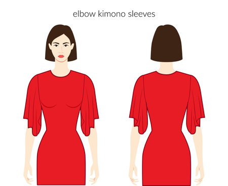 Kimono sleeves elbow length clothes character beautiful lady in red top, shirt, dress technical fashion illustration, fitted body. Flat apparel template front, back sides. Women, men unisex CAD mockupのイラスト素材