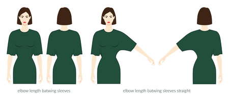 Batwing sleeves elbow length clothes character beautiful lady in emerald top, shirt, dress technical fashion illustration. Flat apparel template front, back sides. Women, men unisex CAD mockupのイラスト素材