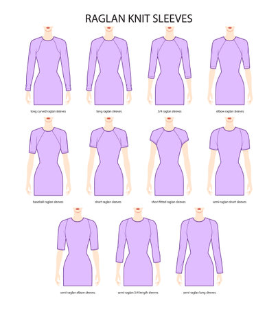 Set of Raglan knit sleeves clothes curved semi-raglan, long, 3-4, elbow, baseball, short technical fashion illustration, fitted. Flat apparel template front side. Women, men unisex CAD mockupのイラスト素材