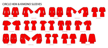 Set of circle hem and kimono sleeves short, elbow, 3-4 and long length clothes technical fashion illustration with fitted body. Flat apparel template front, back sides. Women, men unisex CAD mockupのイラスト素材