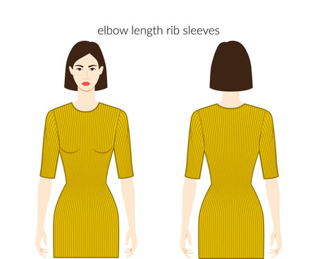 Rig sleeves knit elbow length clothes character beautiful lady in ochre top, shirt, dress technical fashion illustration, fitted. Flat apparel template front, back sides. Women, men unisex CAD mockupのイラスト素材