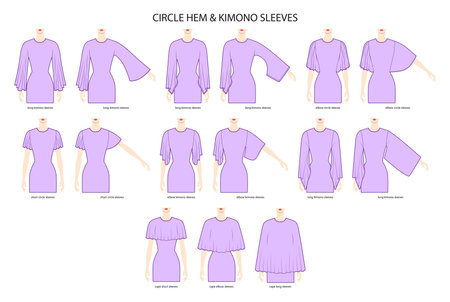 Set of circle hem and kimono sleeves short, elbow, 3-4 and long length clothes technical fashion illustration with fitted body. Flat apparel template front side. Women, men unisex CAD mockupのイラスト素材