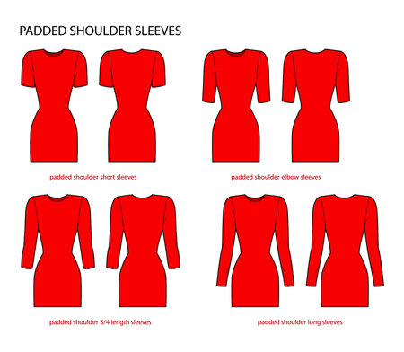 Set of Padded shoulder sleeves clothes - long, short, 3-4, elbow length technical fashion illustration with fitted body. Flat apparel template front, back sides. Women, men unisex CAD mockupのイラスト素材
