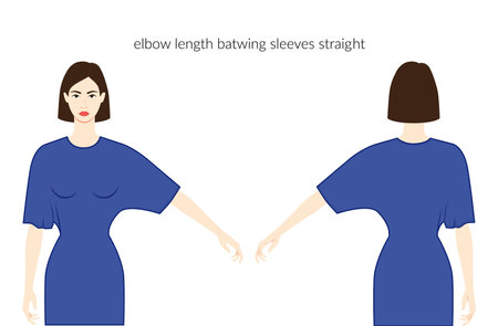 Batwing sleeves elbow length clothes character beautiful lady in blue top, shirt, dress technical fashion illustration, fitted. Flat apparel template front, back sides. Women, men unisex CAD mockupのイラスト素材
