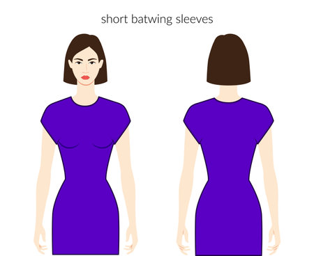 Batwing sleeves short length clothes character beautiful lady in purple top, shirt, dress technical fashion illustration with fitted body. Flat apparel template. Women, men unisex CAD mockupのイラスト素材