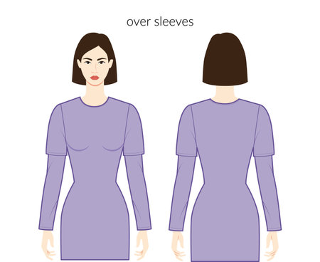 Over sleeves long length clothes character beautiful lady in purple top, shirt, dress technical fashion illustration, fitted body. Flat apparel template front, back sides. Women, men unisex CAD mockupのイラスト素材