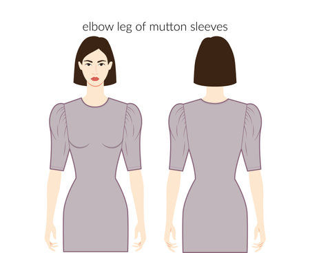 Leg of mutton sleeves clothes character beautiful lady in grey top, shirt, dress technical fashion illustration with elbow length. Flat apparel template front, back sides. Women, men unisex CAD mockupのイラスト素材