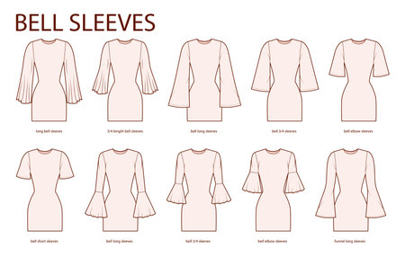 Set of Bell sleeves clothes long, short, 3-4, elbow length funnel technical fashion illustration with fitted body. Flat apparel template front side. Women, men unisex CAD mockupのイラスト素材