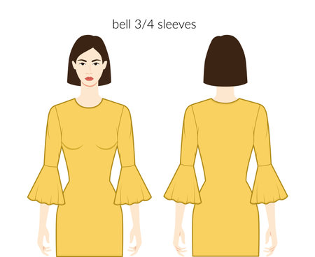 Bell sleeves clothes character beautiful lady in yellow top, shirt, dress technical fashion illustration with 3-4 bracelet length. Flat apparel template front, back sides. Women, men unisex CAD mockupのイラスト素材